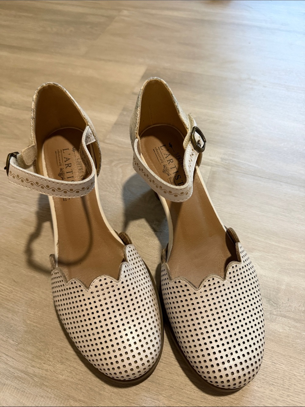 Spring Step Lartiste 38 White Scalloped Perforated Ankle-Strap Heel